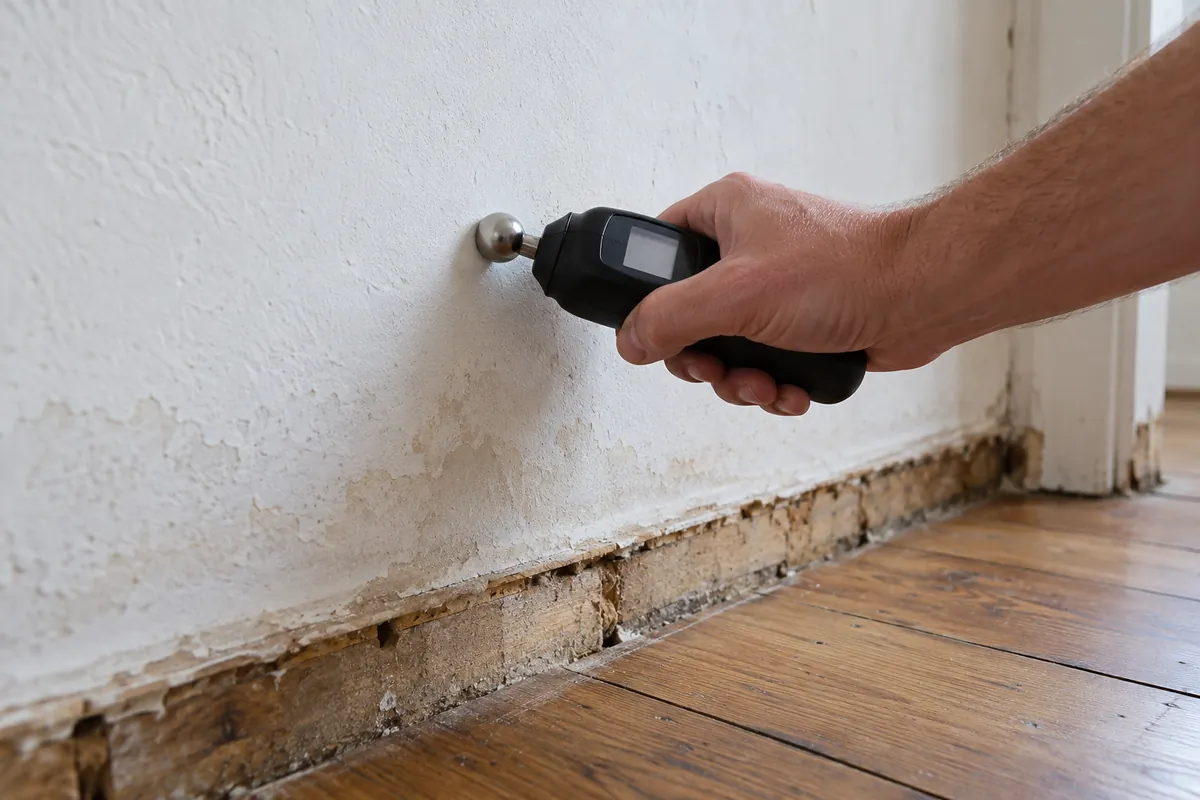 Feuchtigkeitsmessung an einer verputzten Wand im Sockelbereich