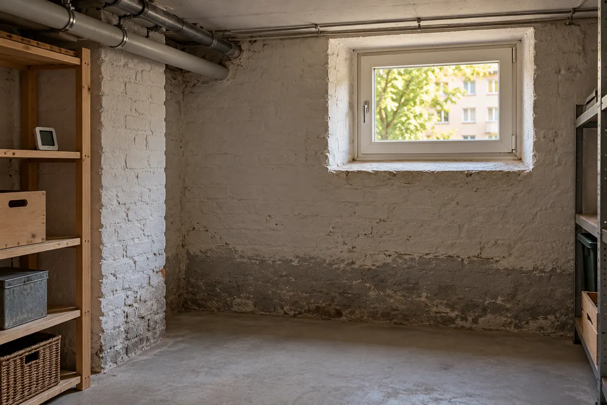 Kellerraum mit geschlossenem Fenster und kühlen massiven Wänden