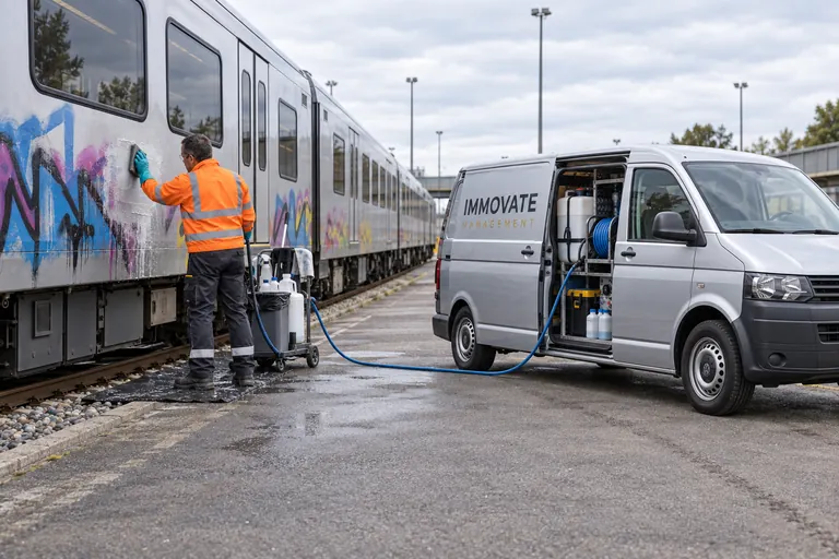 Graffitientfernung an einer Bahn neben einem silbernen VW T5 mit Immovate-Schriftzug und mobiler Reinigungsausrüstung