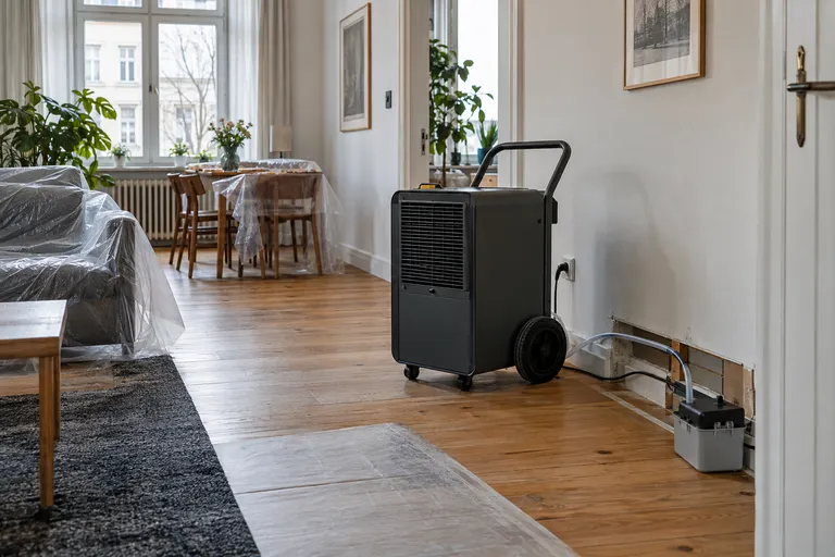 Bautrockner und geordnete Kondensatableitung in einer Wohnung
