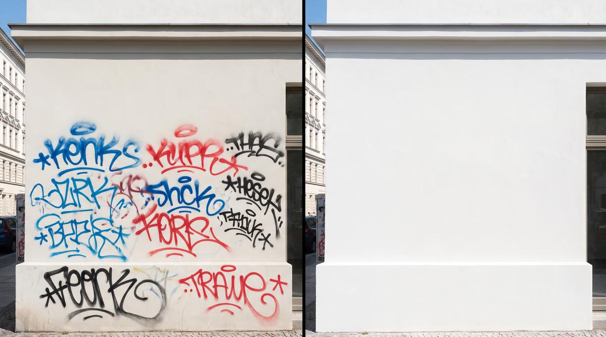 Graffiti entfernen Vorher-Nachher – Professionelle Graffitientfernung an Putzfassade mit rückstandslosem Ergebnis