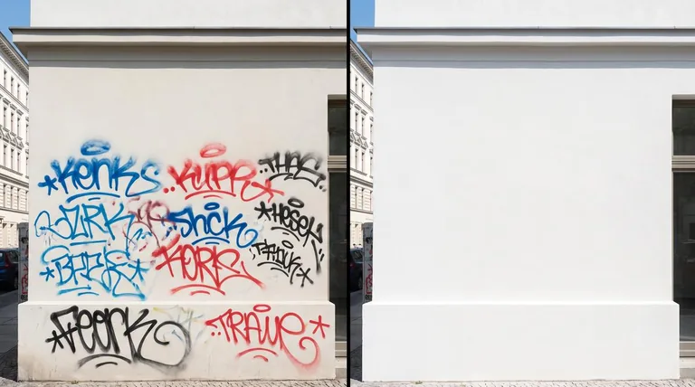 Graffiti entfernen Vorher-Nachher - Professionelle Graffitientfernung an Putzfassade mit rückstandslosem Ergebnis Graffiti entfernen Vorher-Nachher - Professionelle Graffitientfernung an Putzfassade mit rückstandslosem Ergebnis