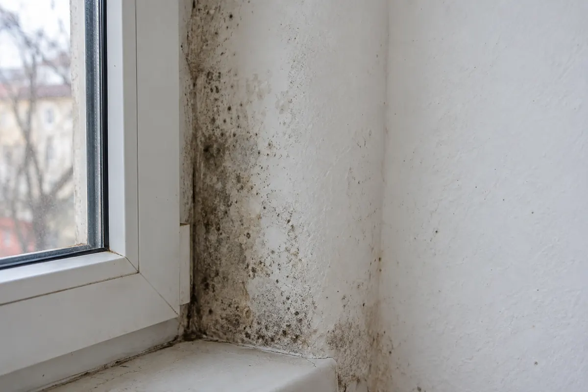 Fleckiger Schimmelbefall an einer weißen Fensterlaibung und angrenzenden Innenwand.