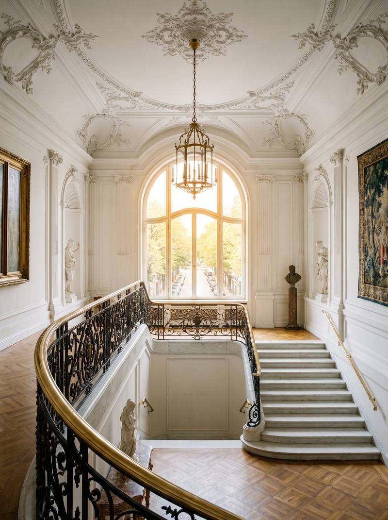 Elegantes Treppenhaus in Berlin Charlottenburg mit Stuck, Marmor und Kronleuchter