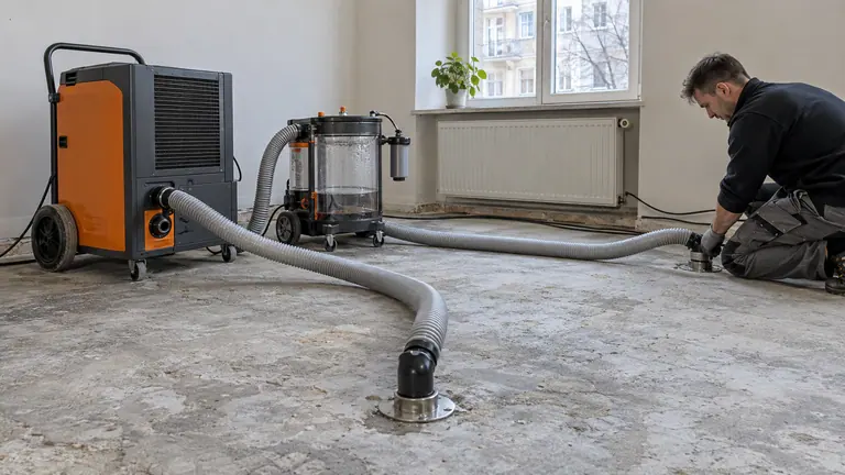 Trocknungstechnik mit Schläuchen an Öffnungen im Estrich