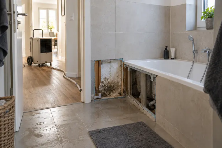 Trocknung und Bautrocknung in Berlin Steglitz Trocknungsgerät im Badezimmer mit geöffneter Badewannenverkleidung