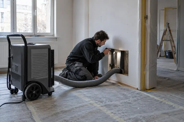 Trocknung und Bautrocknung in Berlin Alt-Treptow Trocknungstechnik an einer geöffneten Zwischenwand mit Schlauchanschluss