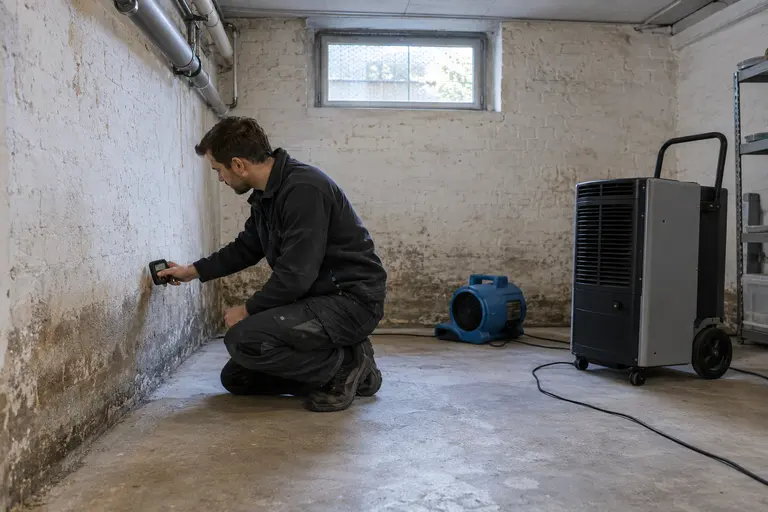Techniker bei der Feuchtemessung an einer Kellerwand mit Trocknungsgeräten